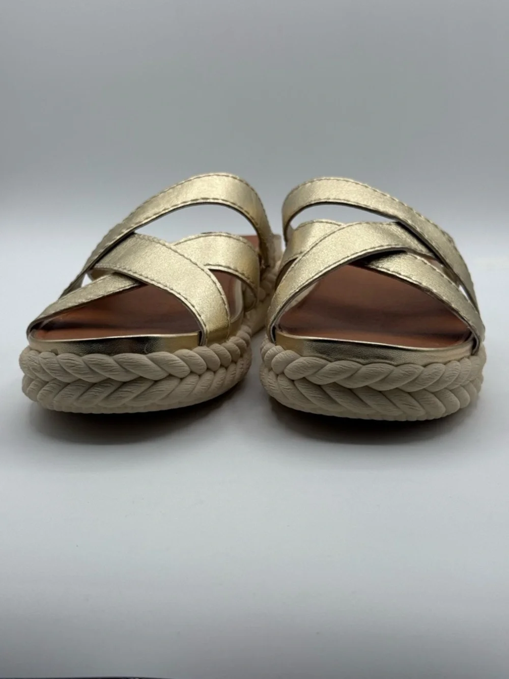 Lucky Brand Lofftee Gold Espadrille Slide Metallic Crisscross Sandals Size 10